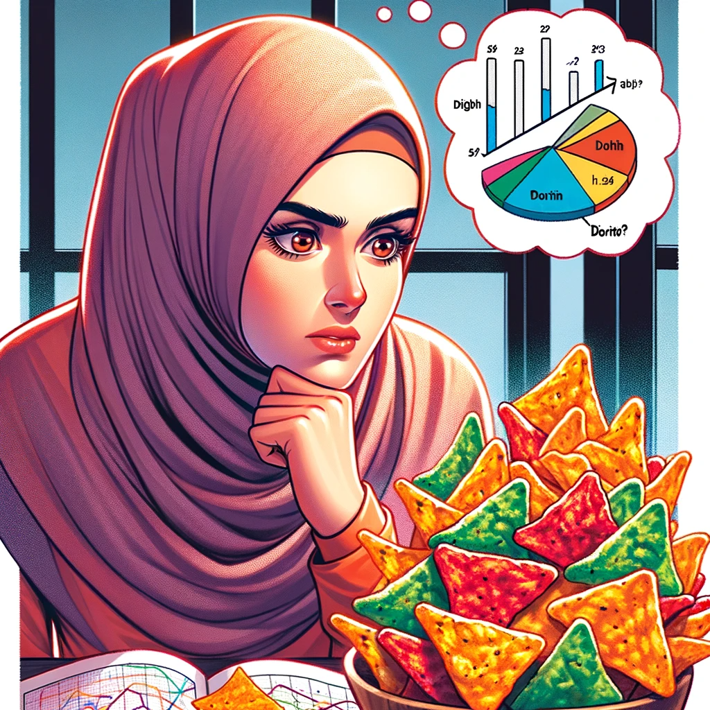 Muslim woman contemplating Doritos nutrition label