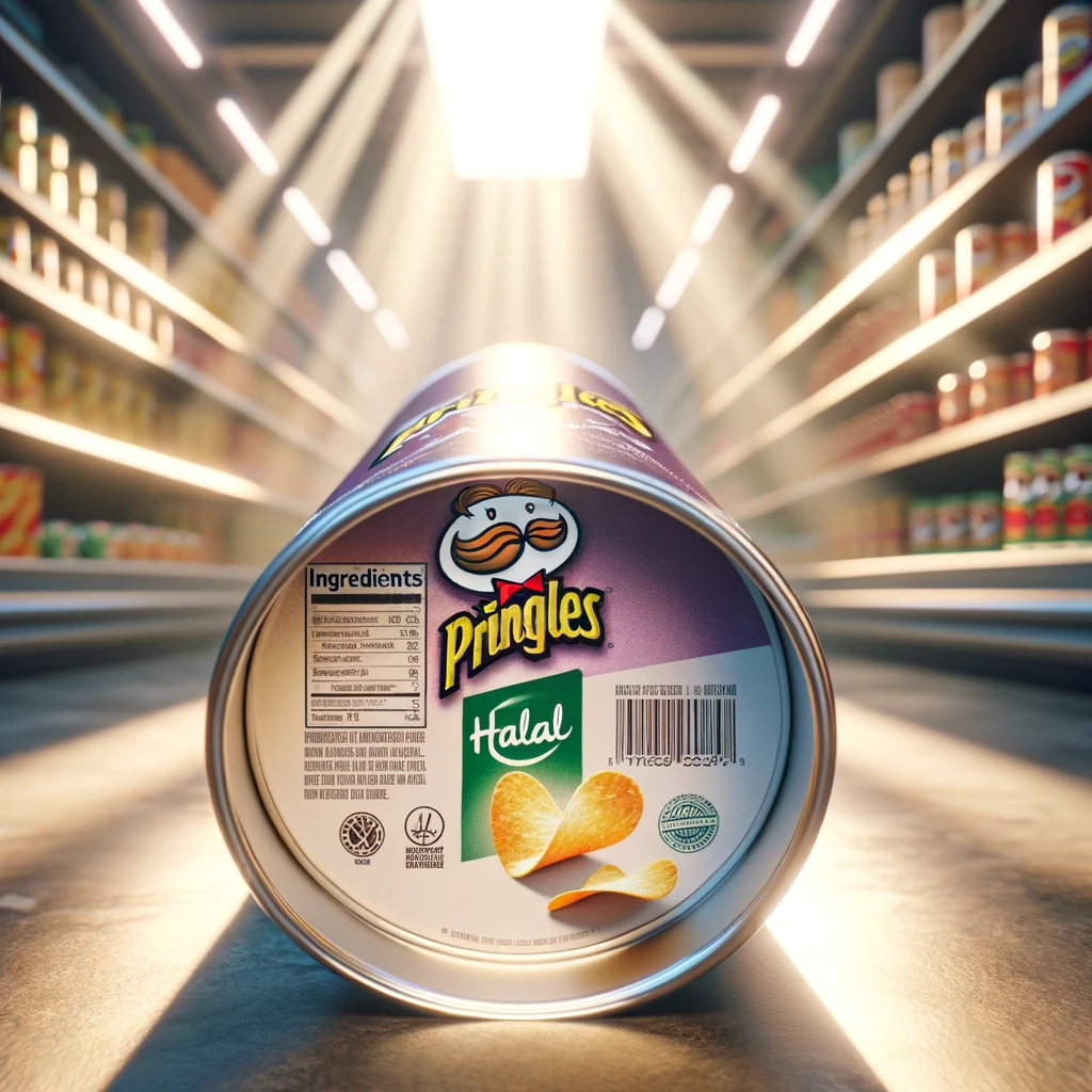 A close up photo of Pringle potato chips stacked in an iconic tube container with halal certification logo in the background