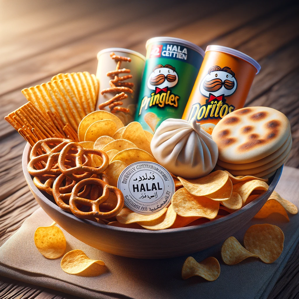 An infographic showing a flowchart of the Pringle potato chip manufacturing process highlighting halal compliant ingredients