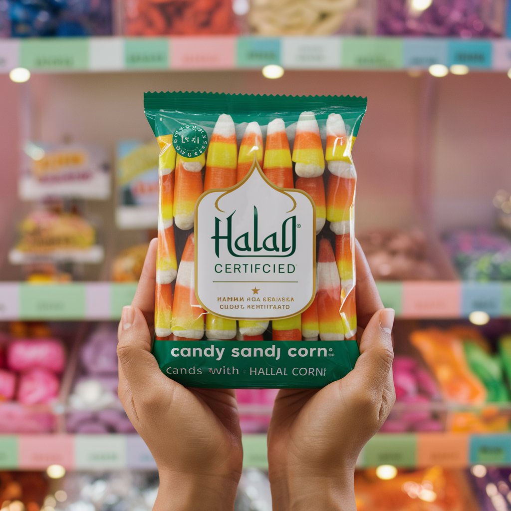 Halal-certified candy corn packaging